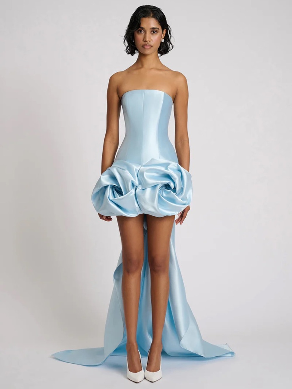 Chloe Dress—Strapless Ice Blue Satin Sculpted Rosette Mini Dress with Train